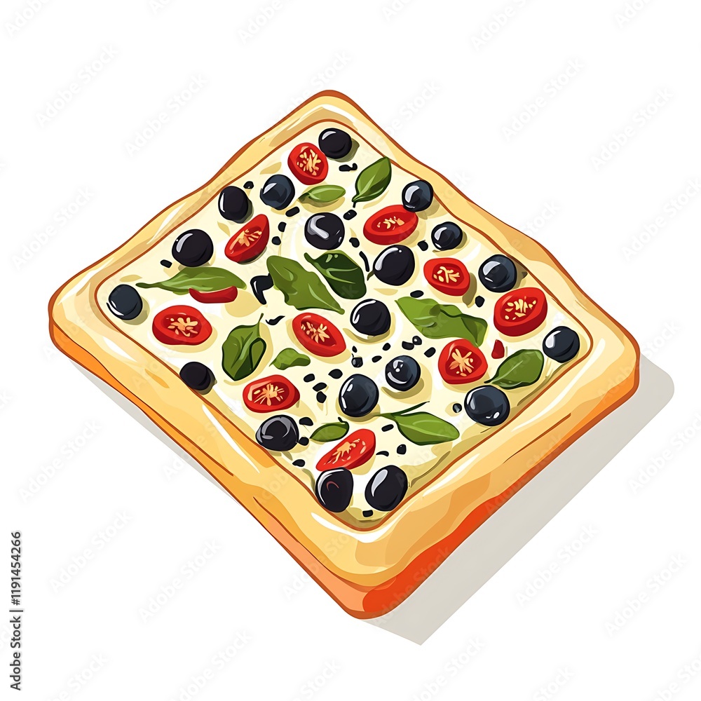 A flat illustration of a pissaladière in a minimalist style, featuring a vibrant color palette against a clean white background. Perfect for culinary or design-themed projects. A flat illustration of a pissaladière in a minimalist style, featuring a vibrant color palette against a clean white background. Perfect for culinary or design-themed projects.