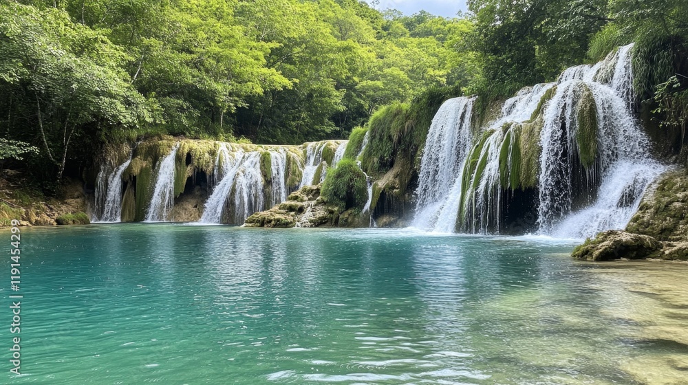Fototapeta premium Serene Waterfall in Lush Forest - Nature's Embrace