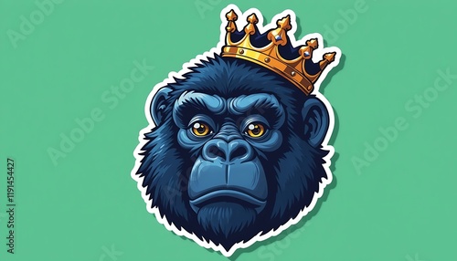 A majestic gorilla king wearing a golden crown, a sticker-like illustration with a detailed portrait of a primate monarch. photo