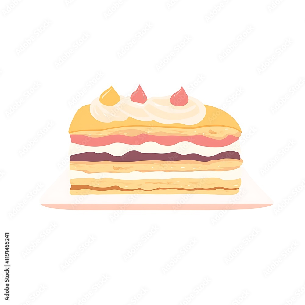 A minimalist illustration of a classic mille-feuille pastry, featuring soft pastel colors against a clean white background. Perfect for culinary designs and dessert-themed projects. A minimalist illustration of a classic mille-feuille pastry, featuring soft pastel colors against a clean white background. Perfect for culinary designs and dessert-themed projects.