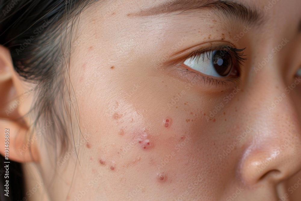 Fototapeta premium Closeup of asian woman’s face with acne skin