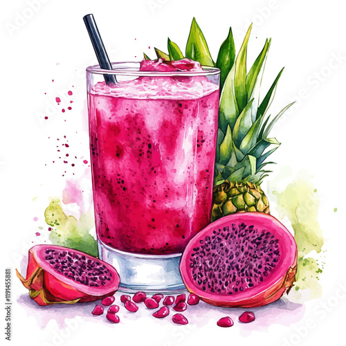 A watercolor painting of dragon fruit juice, isolated on a white background. Dragon Fruit Juice vector.
