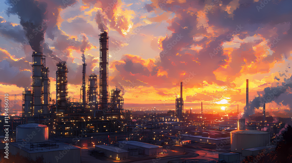 Industrial complex during sunset featuring tall smokestacks and storage tanks with vibrant clouds overhead, showcasing modern manufacturing environments. Starstream. Illustration Industrial complex during sunset featuring tall smokestacks and storage tanks with vibrant clouds overhead, showcasing modern manufacturing environments. Starstream. Illustration