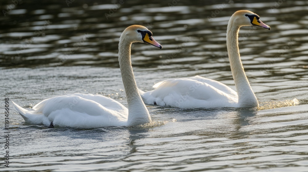 Two swans swimming lake sunset serene nature wildlife Two swans swimming lake sunset serene nature wildlife