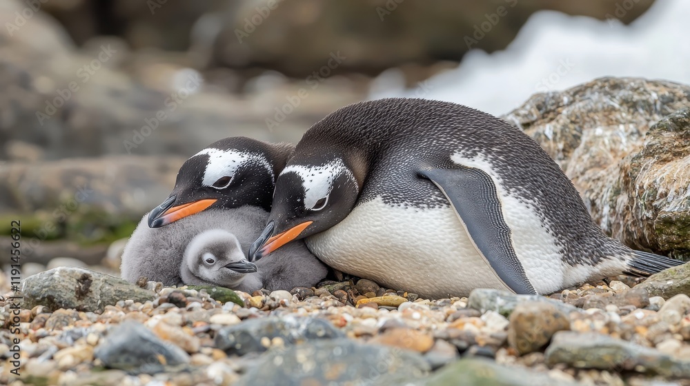 Fototapeta premium Nurturing Penguin Couple with Their Chick