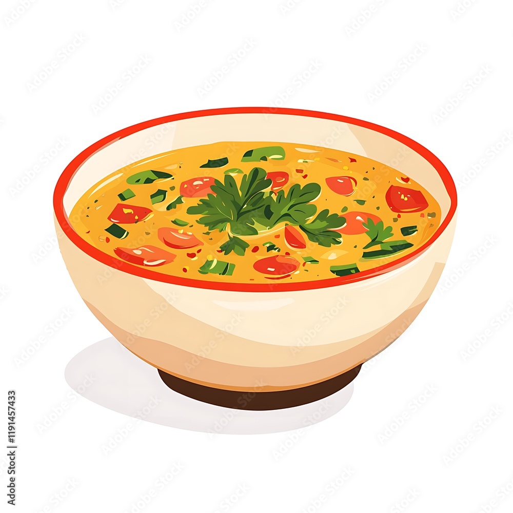 A minimalist flat illustration of soupe au pistou, featuring a vibrant color palette on a white background, showcasing the dish in a clean, isolated style. A minimalist flat illustration of soupe au pistou, featuring a vibrant color palette on a white background, showcasing the dish in a clean, isolated style.