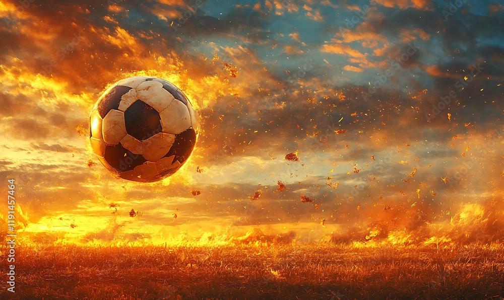 Fototapeta premium A soccer ball being kicked into the air against a breathtaking sunset sky