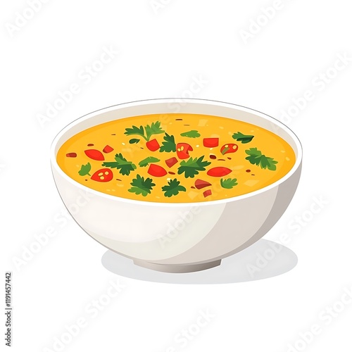 A minimalist flat illustration of soupe au pistou, featuring a vibrant color palette on a white background, showcasing the dish in a clean, isolated style. photo