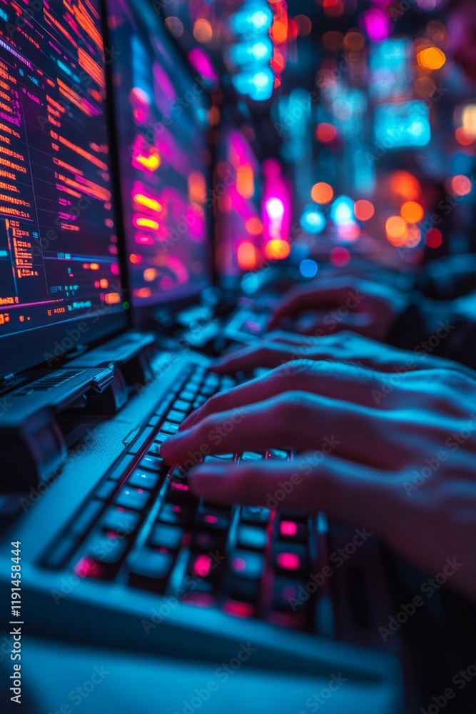 Cyberpunk Teamwork Hands Typing on Keyboards with Vibrant Neon Lights and Data Screens