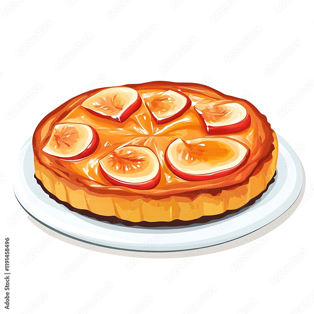 A minimalist flat illustration of a Tarte Tatin, featuring a vibrant color palette on a white background, showcasing the classic French dessert in a simple yet striking design. A minimalist flat illustration of a Tarte Tatin, featuring a vibrant color palette on a white background, showcasing the classic French dessert in a simple yet striking design.