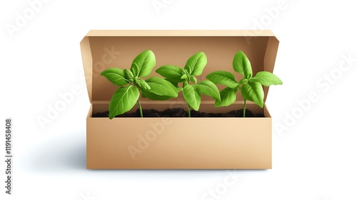 Three basil seedlings in a cardboard box. photo