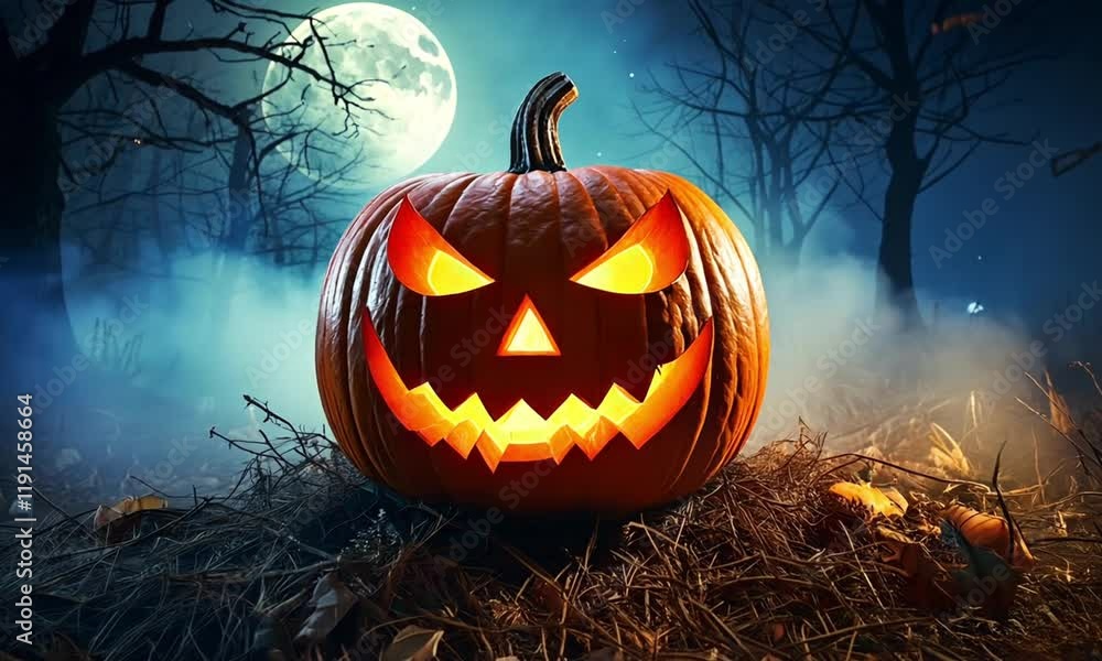 Scary Halloween Jack o Lantern in a Foggy Field with a Full Moon Scary Halloween Jack o Lantern in a Foggy Field with a Full Moon