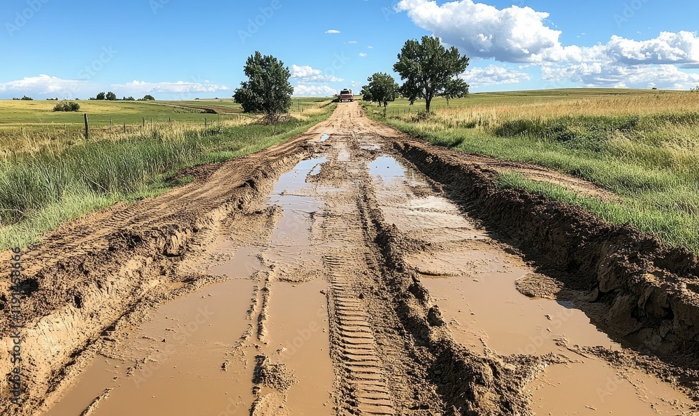 Fototapeta premium Muddy rural road, puddles, vehicle tracks, rural landscape.
