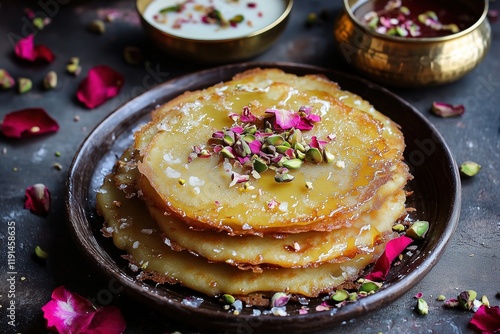 Golden Syrup-Soaked Malpuas with Rabri, Pistachios, and Rose Petals on Rustic Festive Setting photo