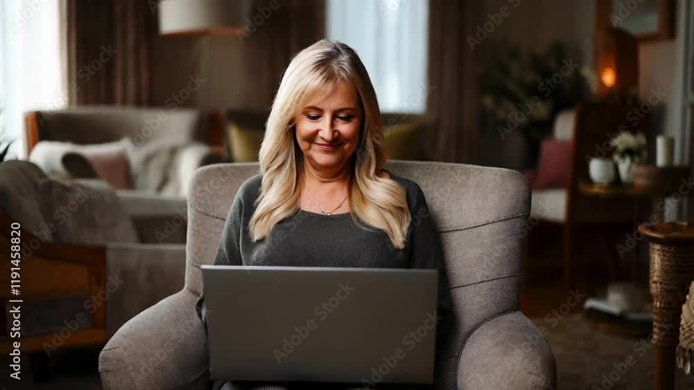 A middle-aged woman smiling while using a laptop in a cozy living room, reflecting comfort and productivity. A middle-aged woman smiling while using a laptop in a cozy living room, reflecting comfort and productivity.