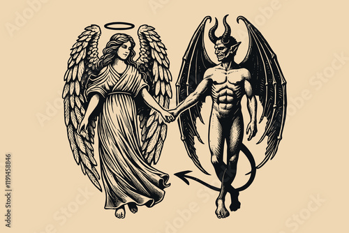 Angel and demon holding hands in vintage black and white engraving