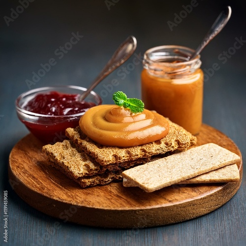 Generated image Traditional Norwegian brunost (brown cheese) served with crispbread and fruit preserves photo