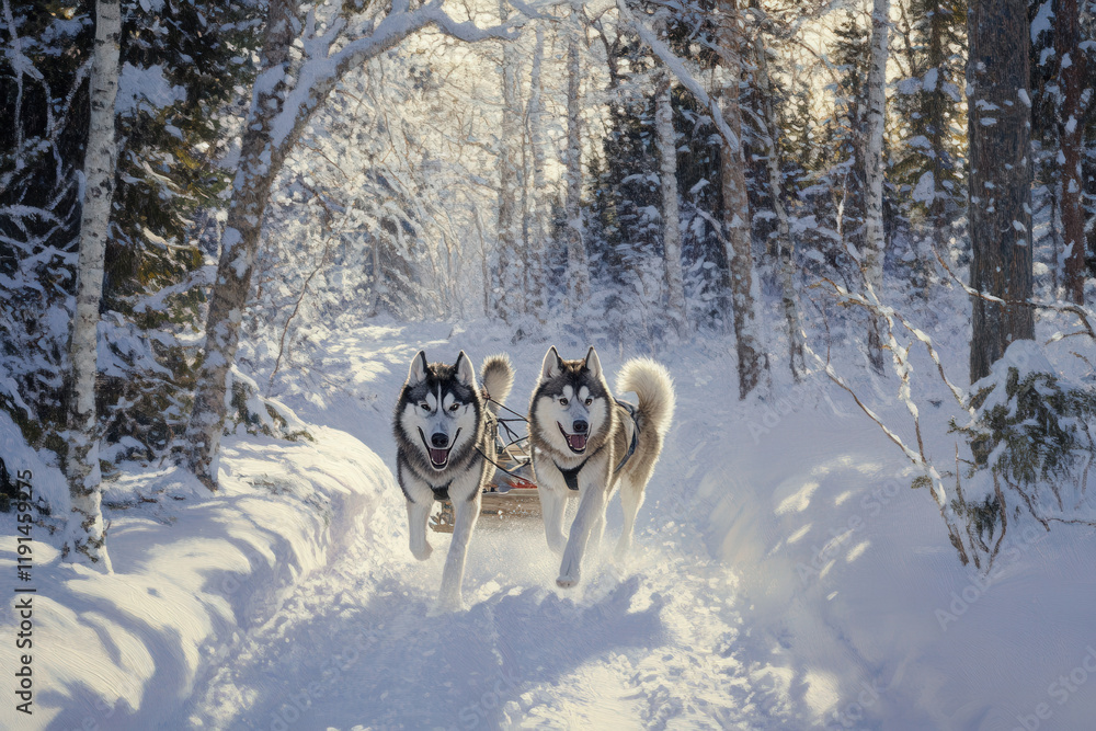 Sled Dogs Running Through Snowy Forest
Sled Dogs Running Through Snowy Forest