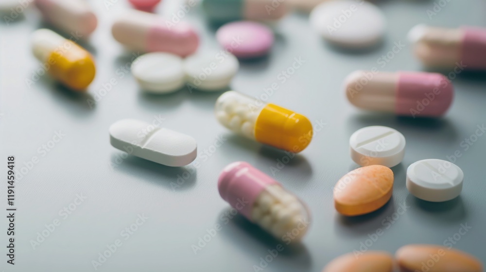 multiple colorful tablets and capsules spread on a neutral surface showcasing varied shapes and sizes concept of medicine, pharmacy, healthcare multiple colorful tablets and capsules spread on a neutral surface showcasing varied shapes and sizes concept of medicine, pharmacy, healthcare