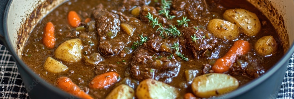Hearty Beef Stew with Vegetables in a Rustic Pot - A Savory Delight for Your Table Hearty Beef Stew with Vegetables in a Rustic Pot - A Savory Delight for Your Table