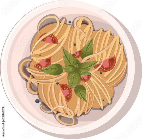 Pasta spaghetti with tomatoes, basil and pepper on a plate. Vector illustration without background
