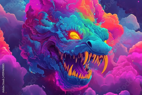 Vibrant Dragon Head Emerging From Colorful Clouds