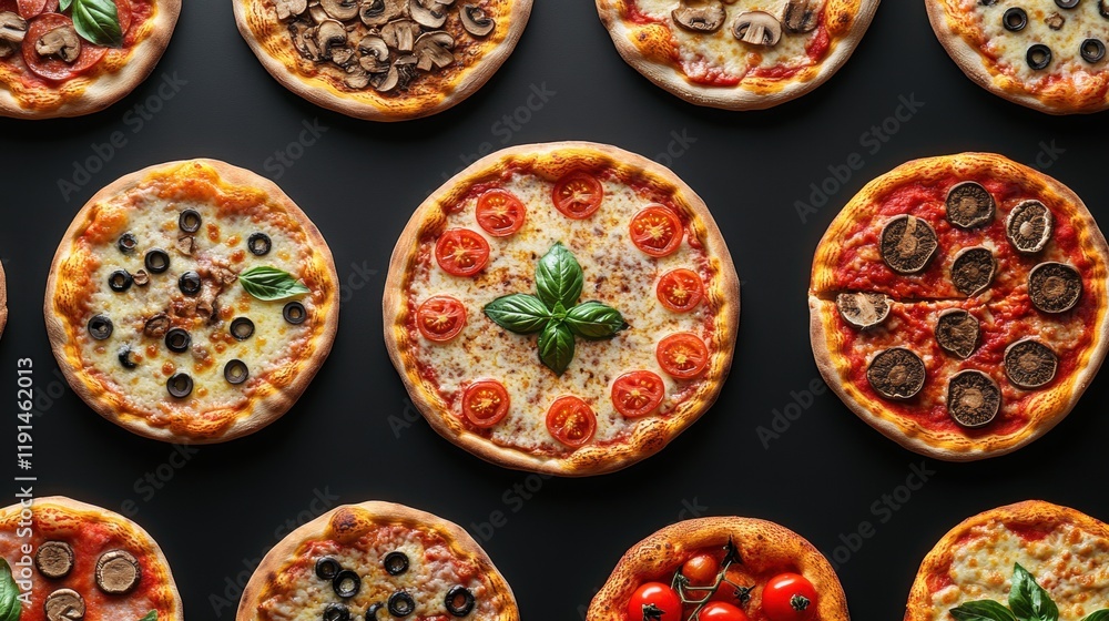 Assorted Gourmet Pizzas with Fresh Ingredients on Dark Background Assorted Gourmet Pizzas with Fresh Ingredients on Dark Background