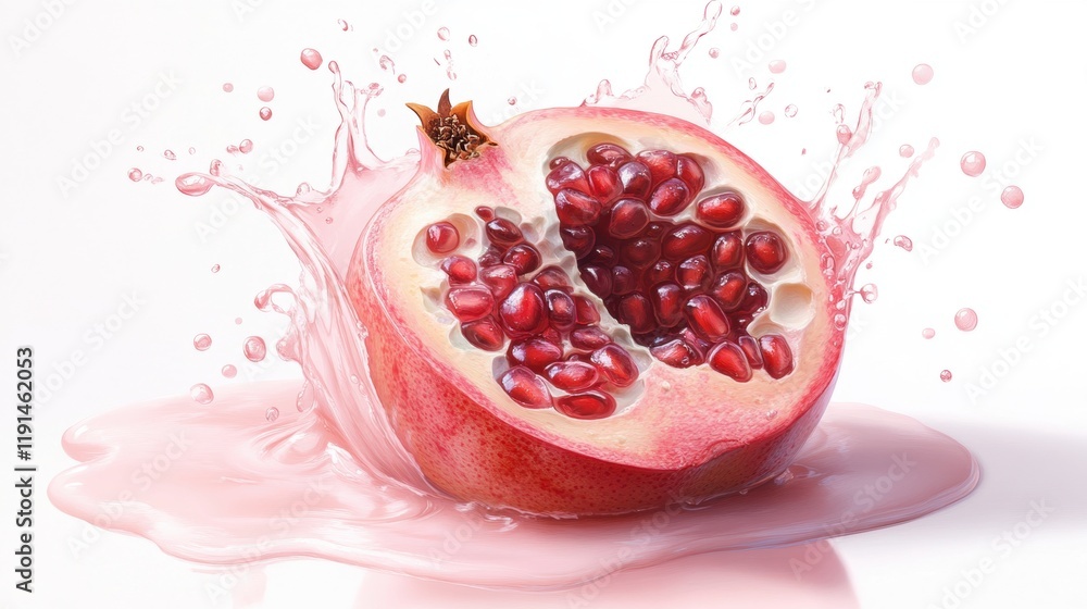 Fresh Pomegranate Splashing in Juice Creating Vibrant Color Display