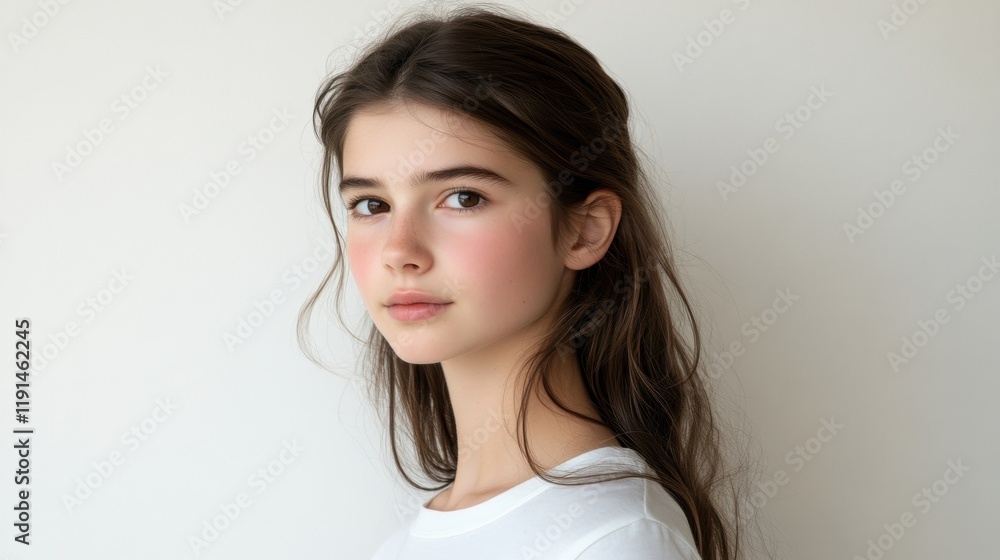 Young Woman with Natural Beauty and Soft Features Against Background Young Woman with Natural Beauty and Soft Features Against Background