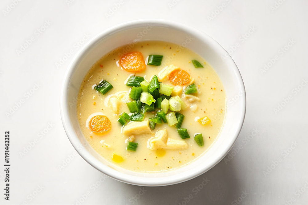 Creamy chicken soup with carrots and green onions in a white bowl Creamy chicken soup with carrots and green onions in a white bowl