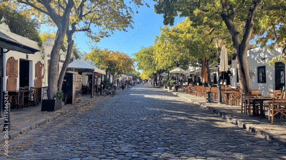 Charming Cobblestone Street with Outdoor Cafes Charming Cobblestone Street with Outdoor Cafes