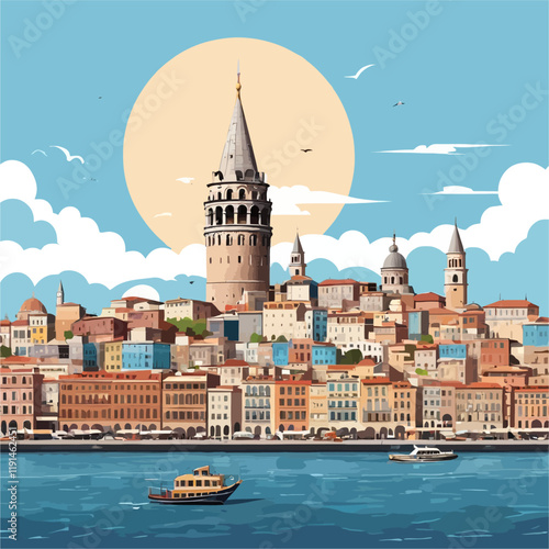 Galata Tower in Istanbul, Turkey,famous Turkish landmark,tourism destination,architecture of Istanbul,vector illustration