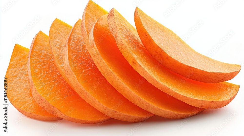 Freshly Cut Orange Pumpkin Slices Displayed on White Background Freshly Cut Orange Pumpkin Slices Displayed on White Background