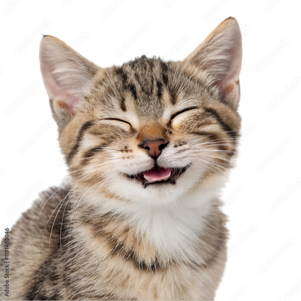 Obraz premium cute, adorable cat having cute smile on its face with closed eyes on white background