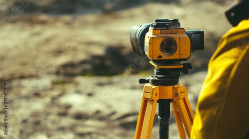 A close-up of a surveyor using a theodolite to measure land levels on a construction site, Land surveying scene, Geospatial analysis style photo