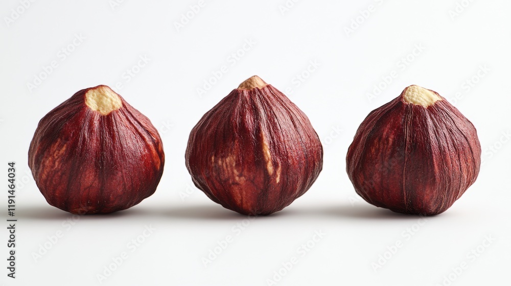 Obraz premium Fresh ripe chestnuts arranged in a row on a light background
