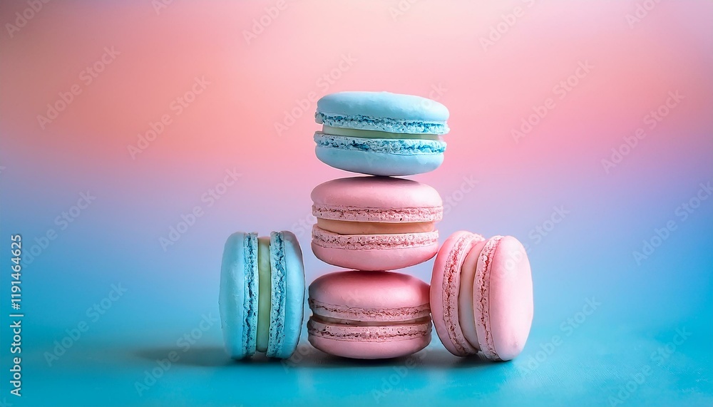 Obraz premium Generated image Stacked pastel macarons against a soft gradient background of pink and blue hues