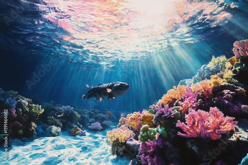 Vivid underwater scene with giant groupers in coral shadows photo