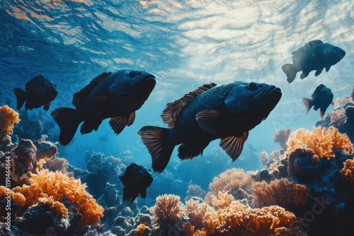 Vivid underwater scene with giant groupers in coral shadows photo