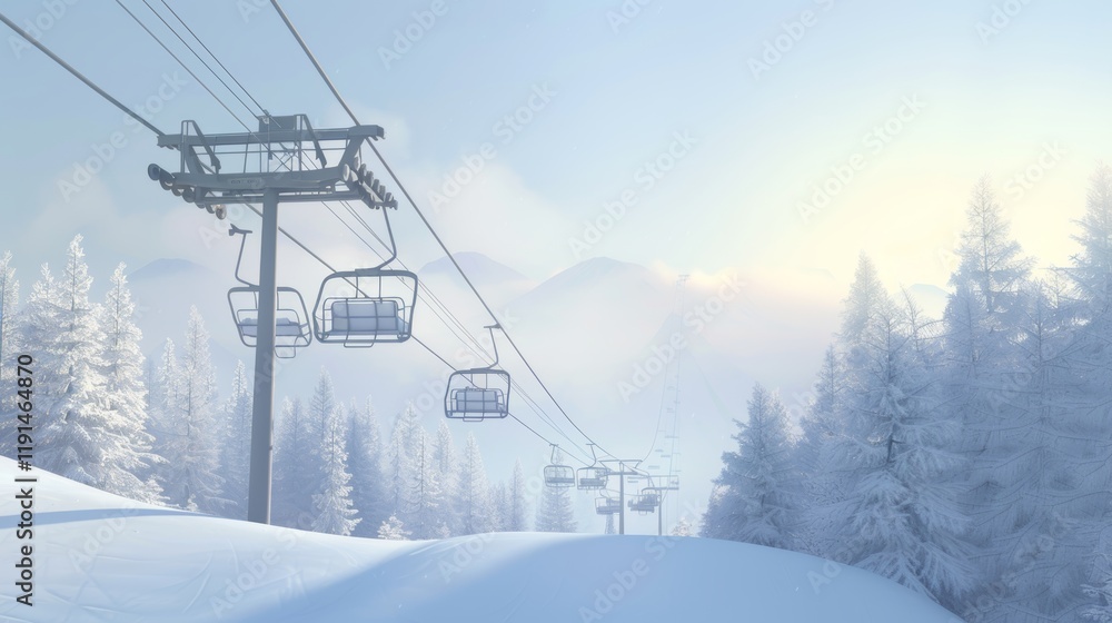 Minimalist ski chairlift above serene winter landscape with snowy mountains and frosted evergreens