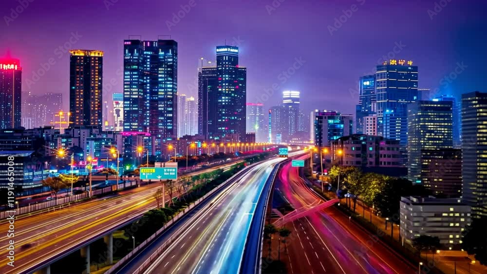 Vibrant city skyline at night with illuminated skyscrapers, busy highways, and colorful lights reflecting dynamic urban atmosphere of modern life and traffic in city. Vibrant city skyline at night with illuminated skyscrapers, busy highways, and colorful lights reflecting dynamic urban atmosphere of modern life and traffic in city.