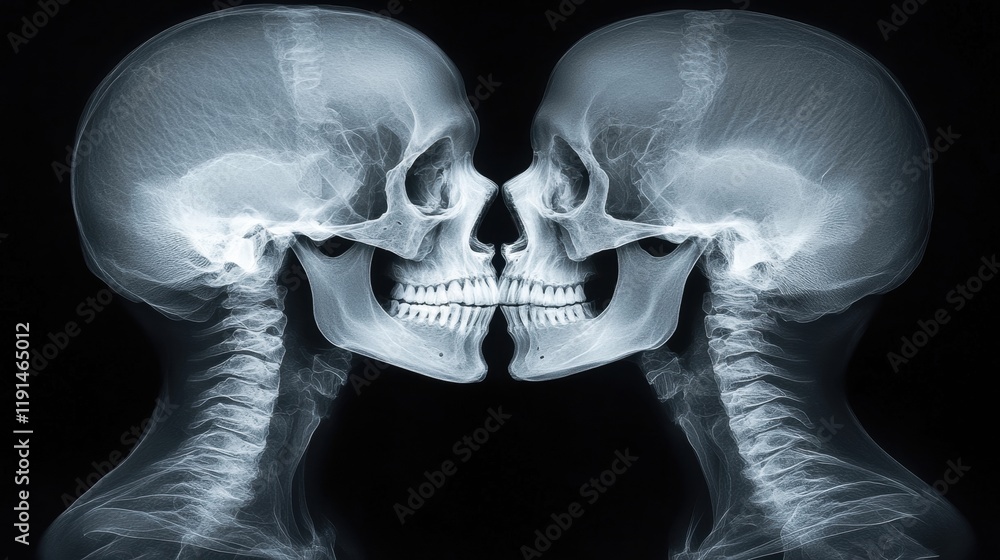 X-ray Image of Two Human Skulls in Close Embrace Against Black X-ray Image of Two Human Skulls in Close Embrace Against Black
