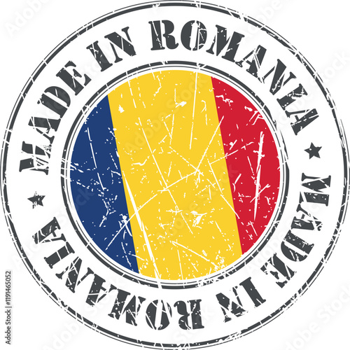 Made in Romania stamp scratched flag badge logo vector illustration