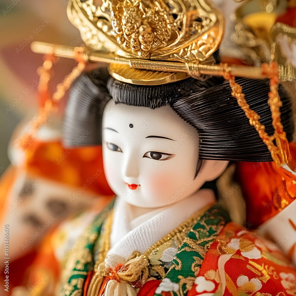 Close-up of a meticulously crafted hina doll, adorned in vibrant traditional attire and a gold headdress. A symbol of Japanese culture and springtime. Close-up of a meticulously crafted hina doll, adorned in vibrant traditional attire and a gold headdress. A symbol of Japanese culture and springtime.
