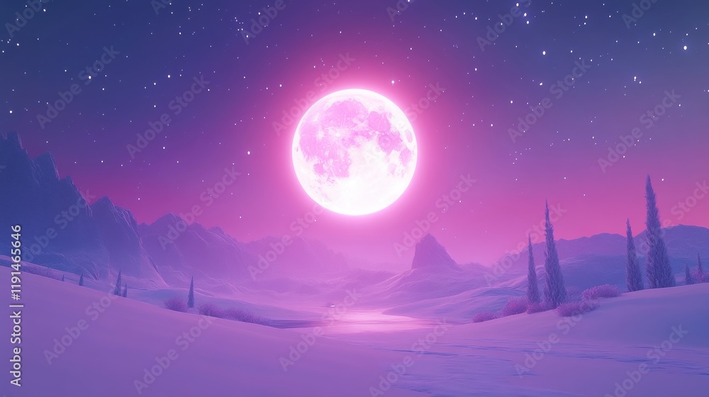 Naklejka premium Enchanting Night Landscape with Pink Moon and Starry Sky