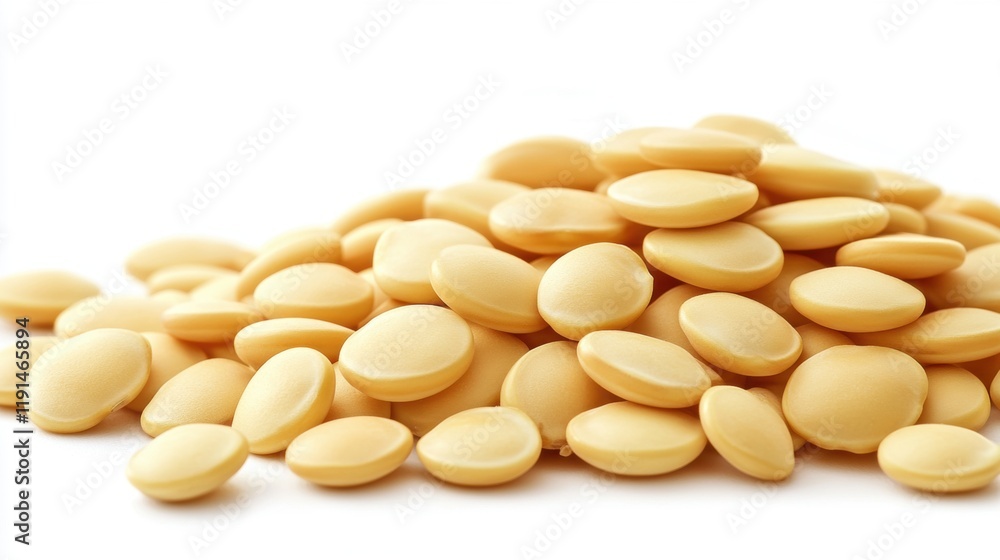Pile of Creamy Yellow Smooth Chocolate Discs on White Background Pile of Creamy Yellow Smooth Chocolate Discs on White Background