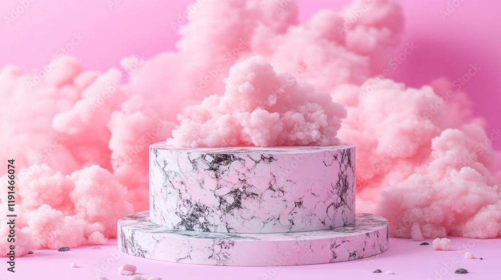 Elegant Marble Cake Surrounded by Soft Pink Cloud Background Elegant Marble Cake Surrounded by Soft Pink Cloud Background