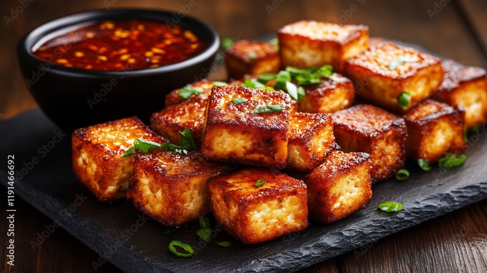 Crispy Pan-Fried Tofu Cubes with Spicy Dipping Sauce Crispy Pan-Fried Tofu Cubes with Spicy Dipping Sauce