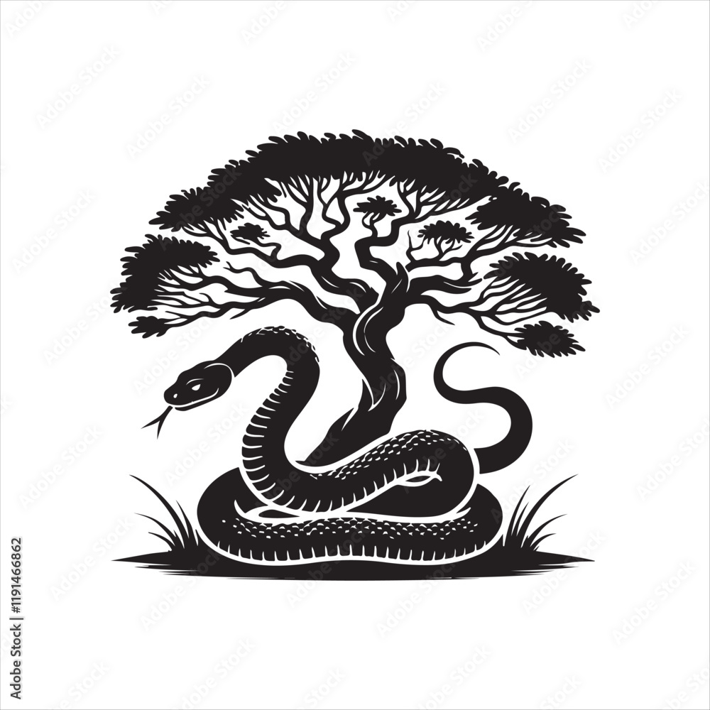 Obraz premium Snake coiled around a tree silhouette vector illustration clipart black color design and solid white background 