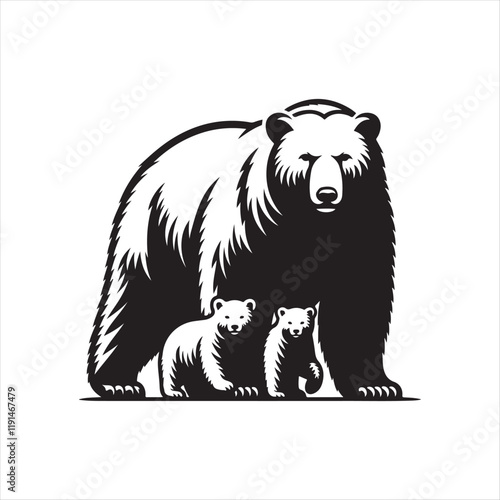 Polar bear with cub silhouette vector illustration clipart black color design and solid white background 